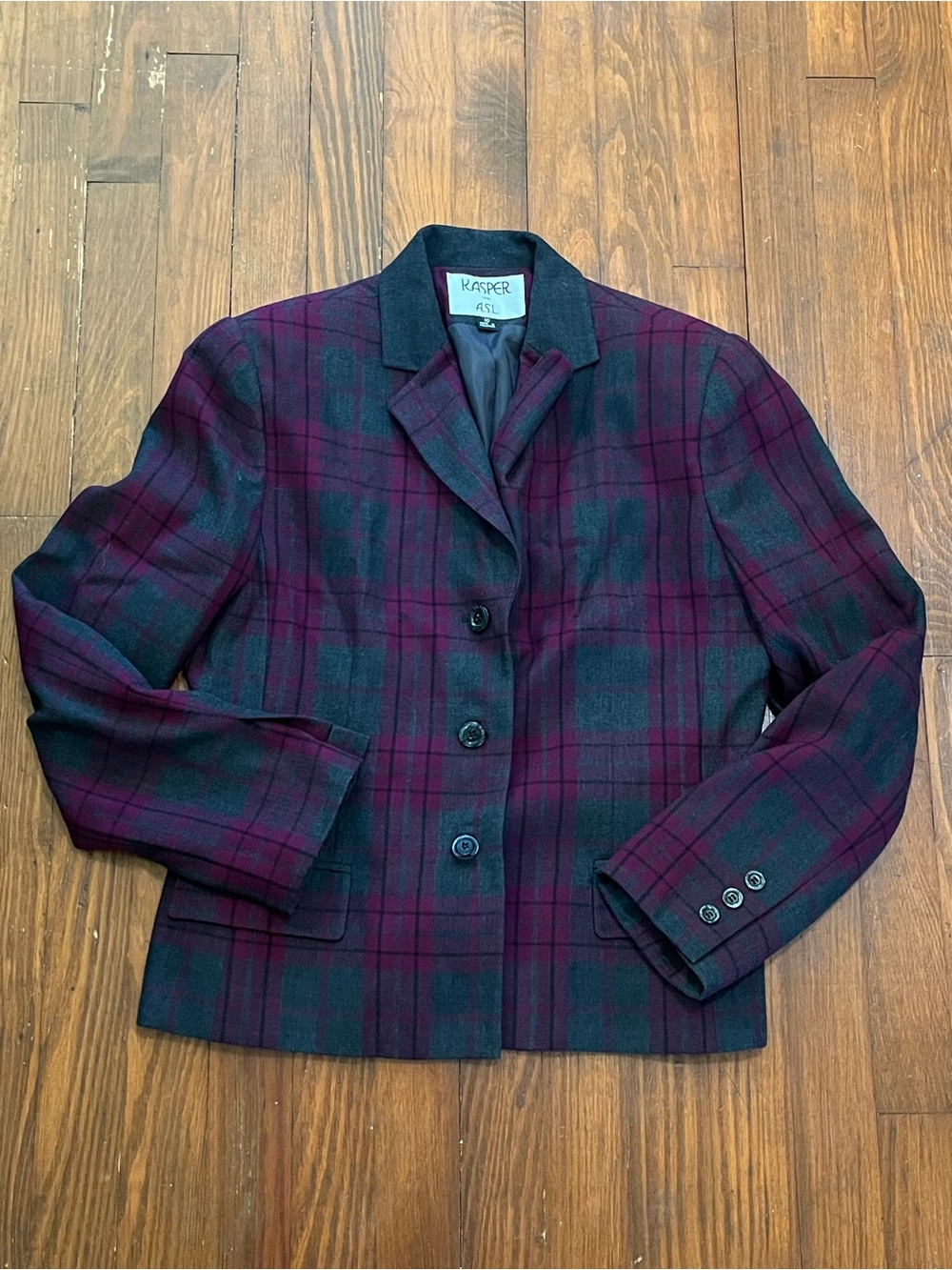 Kasper for ASL Women's Plum and Black Plaid Tailored Blazer